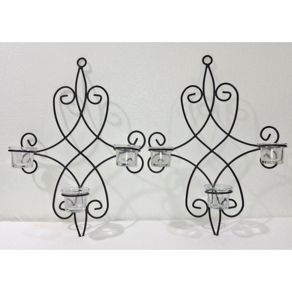 Set of 2 Curved Sconce Wrought Iron Wall Mount 6 Votive Candle Holder Cross